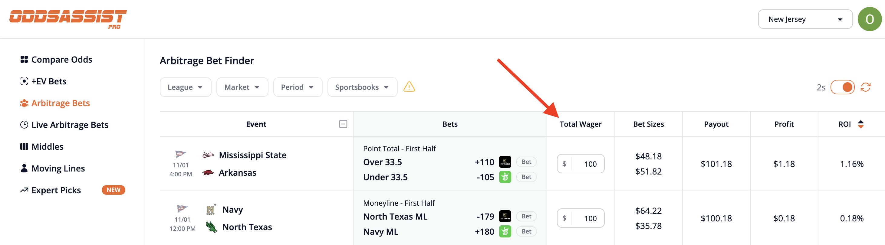 Total Wager section in arbitrage tools