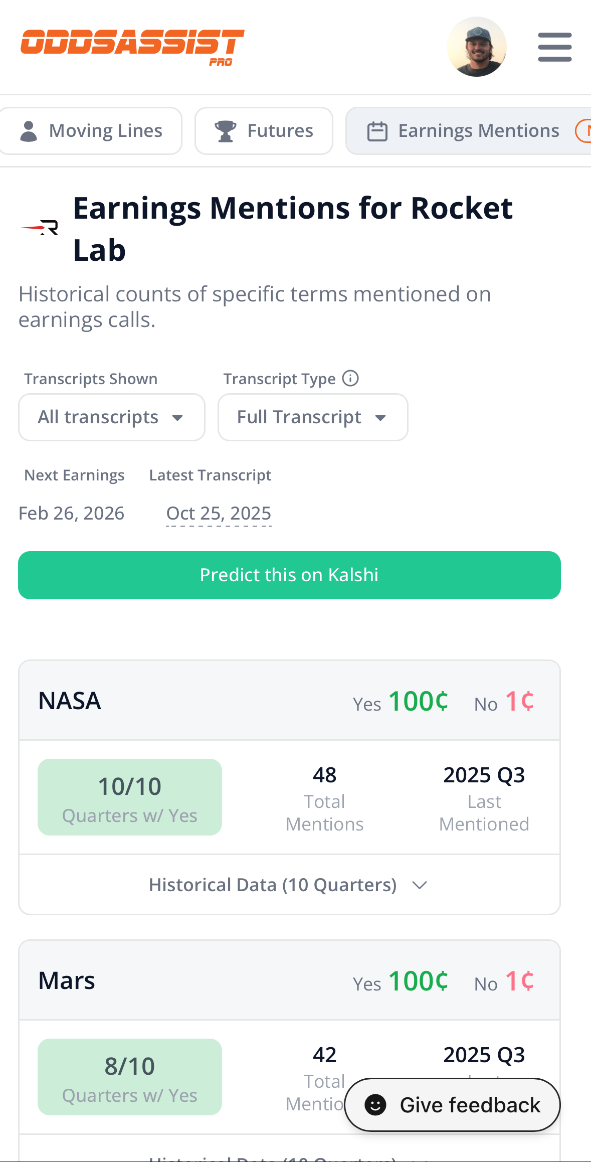 Earnings Mentions tool on mobile