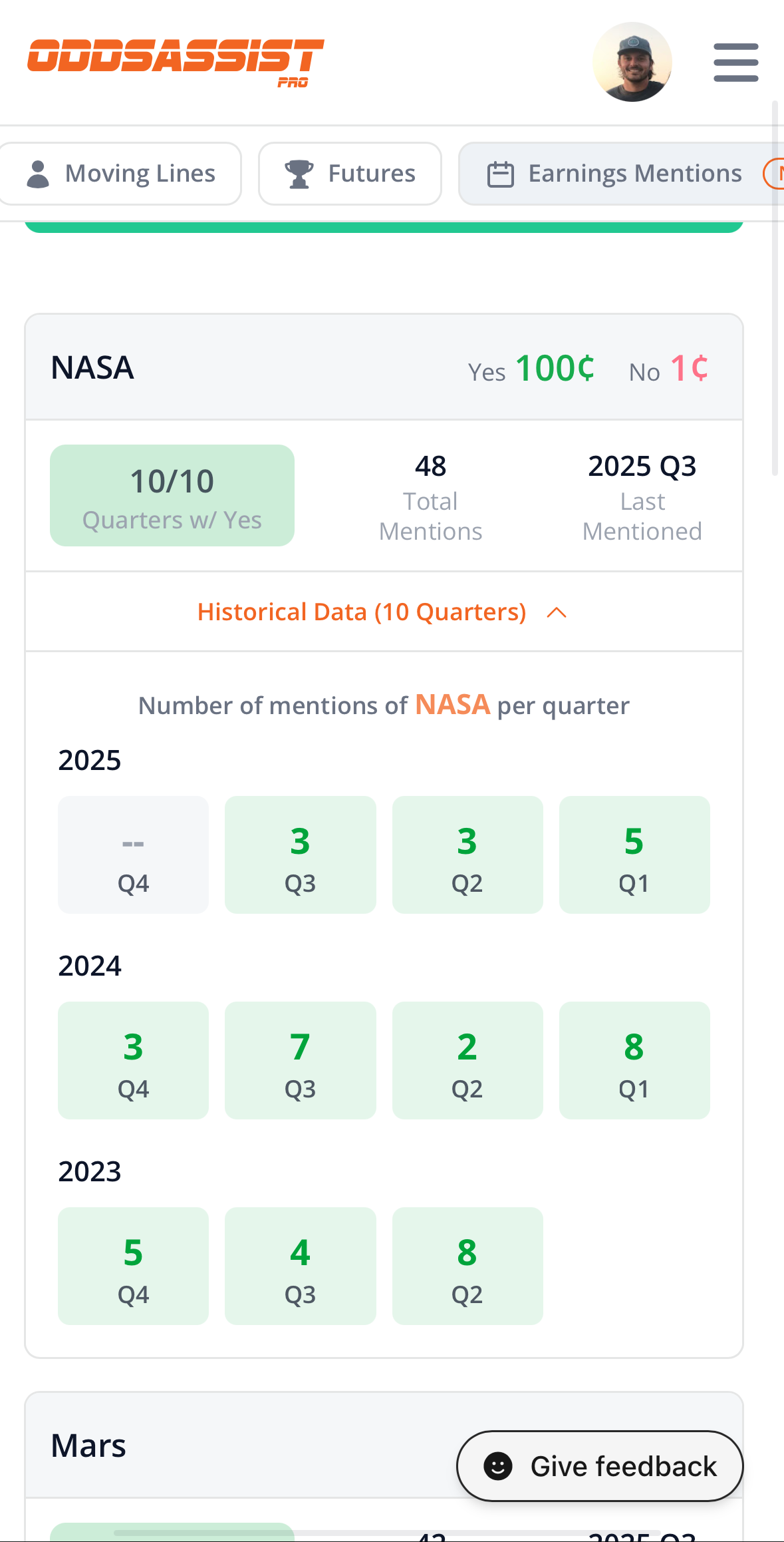 Earnings Mentions mobile expanded view showing quarterly mention counts