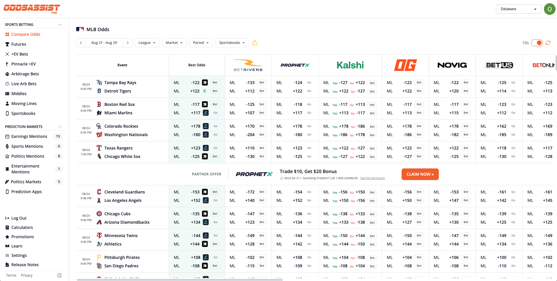 Odds Assist Pro dashboard showing the sidebar menu and MLB odds screen