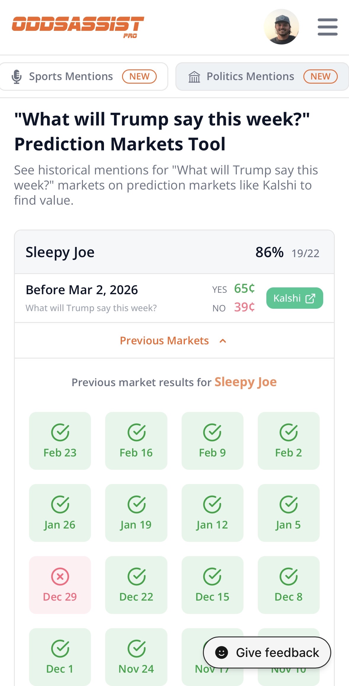 Politics Mentions mobile expanded view showing previous market results