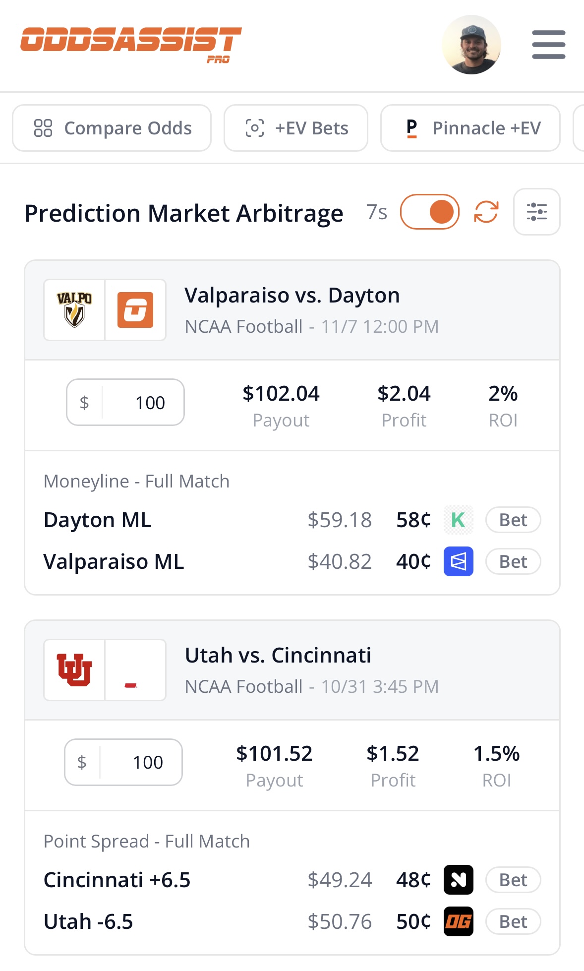Prediction Market Arbitrage Scanner on mobile showing arbitrage cards