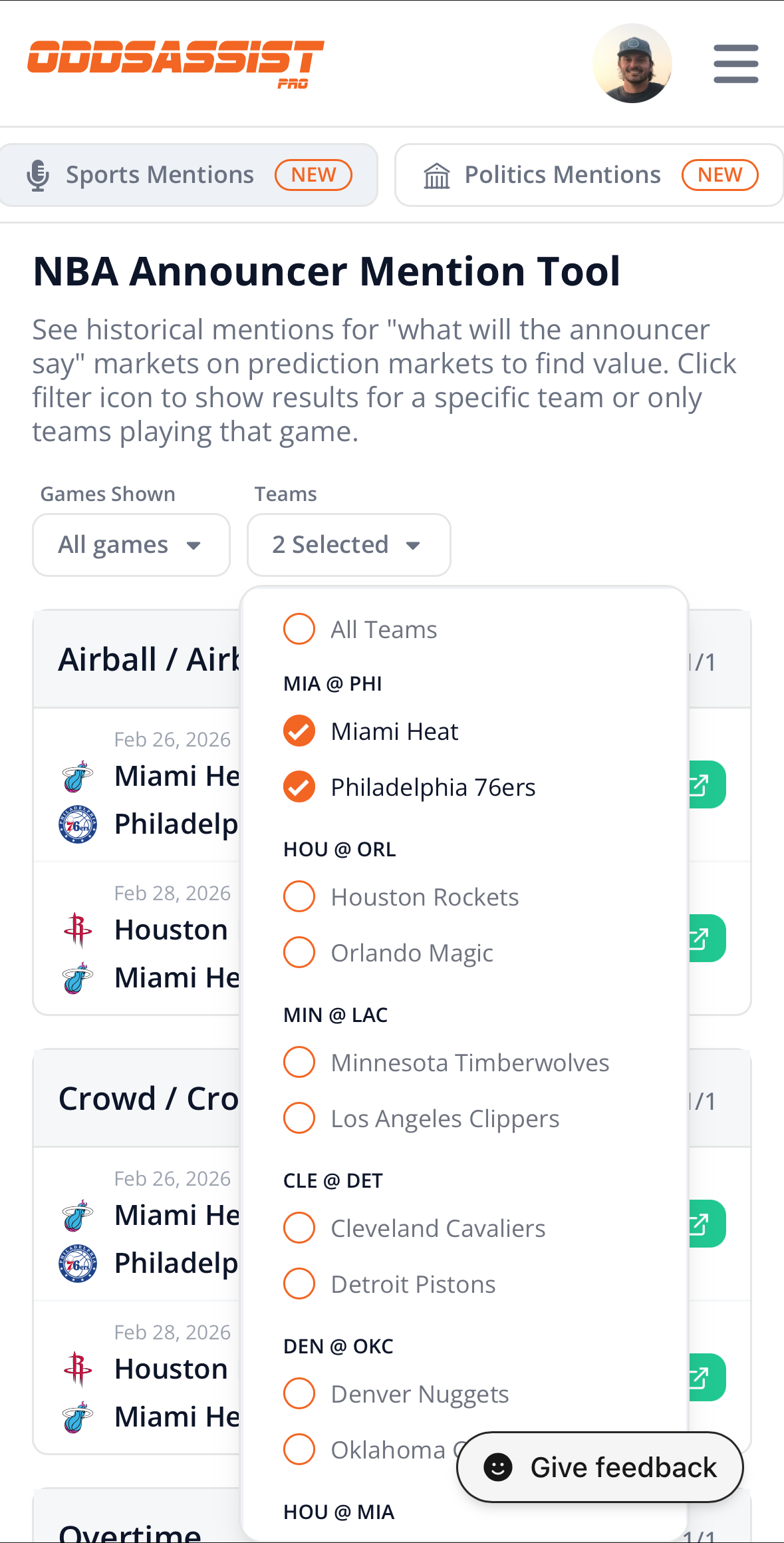 Sports Mentions mobile filter showing team selection